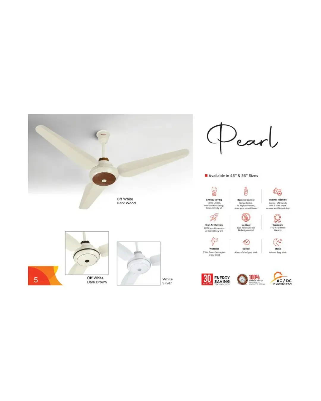 Beeta | Model Pearl 30W | (White) Off white & Black (30-Watt Inverter Fans)