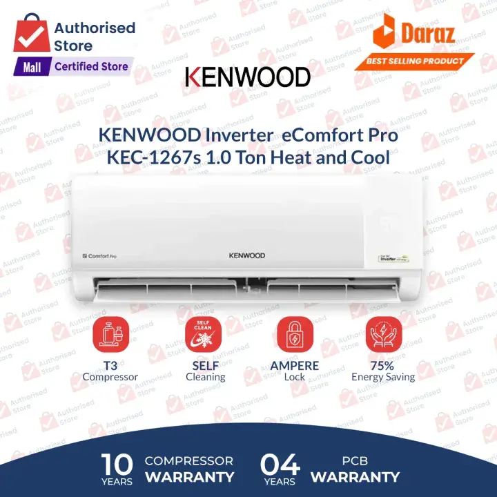 KENWOOD 1 Ton AC KEC-1267S eComfort Pro Inverter-T3 Compressor-Ampere Lock Feature - 75% Energy Efficient With 10 Years Compressor and 4 Years PCB Card Warranty